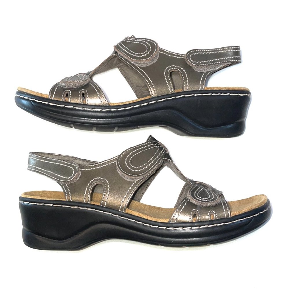 NWOT Clarks Collection Wedge Sandals Metallic Bronze Hook/Loop Backstrap US 10 - Picture 6 of 9